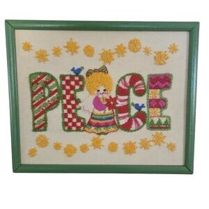 Vintage Wood Framed Needlepoint Christmas Peace Angel 9x11 Holiday Wall Art